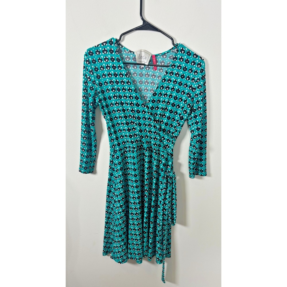 Leota Compass Rose XS Teal Wrap Dress 3/4 Sleeves with Tie Date Night Classy